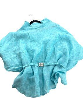 Mario Romano Turquoise Linen Poncho With Elastic Rhinestone Belt Made In Italy